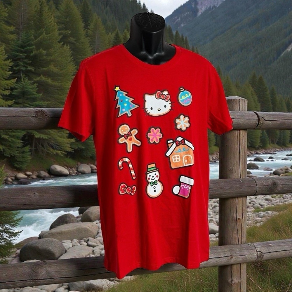Sanrio Hello Kitty Men's M Gingerbread Short Sleeve Crew Neck T-Shirt Red‎ NWOT